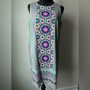 London Times Pink and Green Geometric Midi Dress